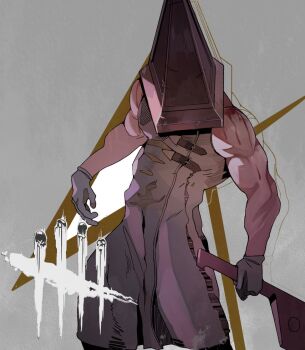 1boy apron bare_shoulders blood blood_on_body commentary dead_by_daylight english_commentary feet_out_of_frame great_knife grey_background helmet holding holding_knife holding_weapon knife male_focus muscular muscular_male pyramid_head silent_hill_(series) silent_hill_2 sleeveless solo weapon weirdrws white_apron