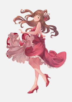1girl backless_dress backless_outfit blush brown_eyes brown_hair dress female_focus floating_hair flower from_side full_body grin hair_flower hair_ornament hair_ribbon head_tilt high_heels highres idolmaster idolmaster_cinderella_girls long_dress long_hair looking_at_viewer pump pumps red_dress red_footwear red_ribbon ribbon ruien_(wu_jui-en) shimamura_uzuki simple_background sleeveless sleeveless_dress smile solo standing standing_on_one_leg very_long_hair white_background white_flower