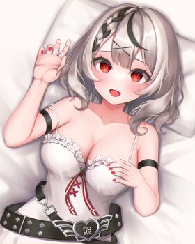 1girl :d bare_shoulders belt black_hair braid breasts commentary_request fang frills grey_hair hair_between_eyes hair_ornament hand_on_own_chest highres hololive large_breasts long_hair looking_at_viewer lying multicolored_hair nail_polish on_back on_bed open_mouth pillow red_eyes red_nails sakamata_chloe sakamata_chloe_(1st_costume) shachihoko_(syatihokomaru) single_braid skin_fang smile virtual_youtuber x_hair_ornament