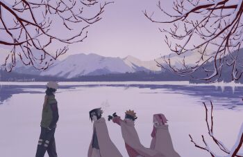 1girl 3boys absurdres black_hair black_mask black_pants black_shirt blonde_hair child cloak green_vest grey_hair hairband hand_in_pocket haruno_sakura hatake_kakashi highres jenmushroom lake mask mountain mouth_mask multiple_boys naruto_(classic) naruto_(series) outdoors pants parted_lips pink_hair red_hairband shirt short_hair spiked_hair uchiha_sasuke uzumaki_naruto vest walking white_cloak winter