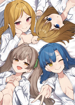 4girls bed_sheet binsen blue_eyes blue_hair breasts brown_eyes brown_hair closed_mouth collared_shirt fingernails hakozaki_serika highres idolmaster idolmaster_million_live! jewelry long_fingernails long_hair long_sleeves looking_at_viewer lying momose_rio multiple_girls nail_polish nanao_yuriko on_back on_bed one_eye_closed open_clothes open_mouth open_shirt parted_lips pink_eyes pink_nails ring shirt smile suou_momoko textless_version v white_shirt yellow_eyes