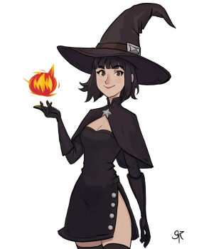 1girl artist_name bae_(galmesh_rosewood) black_hair black_thighhighs breasts brown_capelet brown_eyes brown_hat capelet cleavage closed_mouth commentary cowboy_shot english_commentary fire galmesh_rosewood gloves hat highres looking_at_viewer magic making-of_available medium_breasts original pyrokinesis short_hair side_slit simple_background solo thighhighs white_background witch_hat