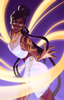 1girl alternate_costume alternate_universe arcane:_league_of_legends arm_up artist_name bare_shoulders brown_hair colored_veins commentary cosplay crop_top crossover dark-skinned_female dark_skin daydooodles dreadlocks earrings english_commentary glitter glitter_makeup glowing gold_tattoo green_eyes hair_up head_tilt high_ponytail highres idol jewelry kpop_demon_hunters league_of_legends leaning_to_the_side looking_at_viewer mel_(league_of_legends) necklace parted_lips ponytail powering_up purple_background purple_lips reaching reaching_towards_viewer rumi_(kpop_demon_hunters) rumi_(kpop_demon_hunters)_(cosplay) signature skirt sleeveless solo standing teeth thighs unfinished upper_body very_dark_skin white_skirt