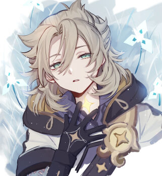 1boy albedo_(genshin_impact) aqua_eyes bishounen black_gloves blonde_hair border cropped_torso fading_border flower genshin_impact gloves glowing glowing_markings glowing_tattoo grass grey_background hair_between_eyes half-closed_eyes half_updo hand_up highres hood hood_down male_focus medium_hair neck_tattoo parted_lips short_sleeves star_(symbol) star_tattoo sushi_171 tattoo upper_body white_background