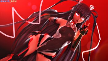 1girl 3d :o absurdres ahegao armpits artist_name bare_shoulders black_leotard blush breasts brown_hair cowboy_shot curvy elbow_gloves fishnet_gloves fishnets gloves hair_between_eyes hair_ribbon hand_on_own_hip highleg highleg_leotard highres leotard long_hair mizuki_yukikaze one-piece_tan open_mouth pink_ribbon purple_eyes red_background ribbon small_breasts solo taimanin_(series) taimanin_rpgx taimanin_yukikaze tan tanline thighhighs thong_leotard tongue tongue_out twintails two_side_up v very_long_hair wide_hips