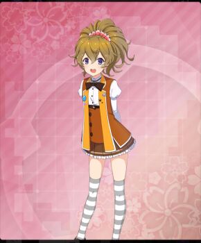 1girl :d arms_behind_back badge black_bow black_bowtie blue_eyes bow bowtie brown_hair brown_shoes brown_skirt brown_vest button_badge buttons double-parted_bangs feet_out_of_frame floral_background game_cg grey_thighhighs kagami_mimi_(toji_no_miko) long_sleeves looking_at_viewer marking_on_cheek multicolored_thighhighs official_art open_mouth osafune_girls_academy_school_uniform pink_background ponytail school_uniform shirt shoes short_hair sidelocks skirt smile solo star_(symbol) star_ornament striped_clothes striped_thighhighs teeth thighhighs third-party_source toji_no_miko toji_no_miko:_kizamishi_issen_no_tomoshibi two-tone_thighhighs upper_teeth_only vest white_shirt white_thighhighs zettai_ryouiki