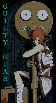 1girl a.b.a absurdres amano_yoshitaka_(style) bags_under_eyes bandaged_chest bandages bare_shoulders black_eyes blood bloody_bandages breasts copyright_name crop_top fingerless_gloves gloves grey_lips guilty_gear guilty_gear_xx hair_between_eyes highres hugging_object key key_in_head knee_up looking_at_viewer medium_breasts messy_hair navel noriatto object_through_head paracelsus_(guilty_gear) red_hair short_hair skirt solid_circle_pupils stitched_mouth stitches twitter_username white_skirt