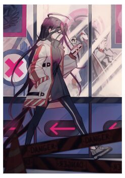 2girls ahoge arrow_(symbol) black-framed_eyewear black_dress border caution_tape cellphone closed_mouth danganronpa_(series) danganronpa_another_episode:_ultra_despair_girls different_reflection dress dual_persona eyelashes eyewear_on_head fingernails from_side fukawa_toko genocider_shou hair_ornament hairclip hand_in_pocket heart highres holding holding_phone holding_scissors holding_weapon jacket long_hair long_tongue messy_hair mole mole_under_mouth multiple_girls naegi_komaru non-web_source open_clothes open_jacket open_mouth phone purple_eyes purple_hair red_eyes reflection remonoart round_eyewear scissors sign smartphone smile spoken_character teeth tongue tongue_out traffic_cone upper_teeth_only weapon white_border white_jacket window x_(symbol)