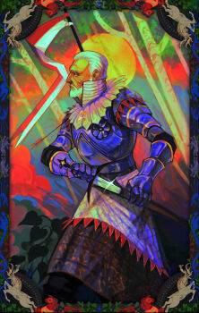 Rule 34 | 1boy, absurdres, armor, arrow (projectile), beard, black eyes, cardo-de-comer, deer, divish of talmberg, facial hair, feet out of frame, flag, frills, gauntlets, grey hair, high collar, highres, holding, holding sword, holding weapon, horse, kingdom come: deliverance, knight, light rays, male focus, mature male, mustache, sheath, short hair, solo, sparkle, sun, surcoat, sword, unsheathing, warrior, weapon, wrinkled skin