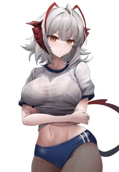 1girl absurdres alternate_costume antenna_hair arknights blue_buruma bra_visible_through_clothes buruma crossed_arms demon_girl demon_horns grey_hair gym_shirt gym_uniform highres horns lastmatch500 looking_at_viewer orange_eyes red_horns shirt solo sweat w_(arknights) white_background white_shirt