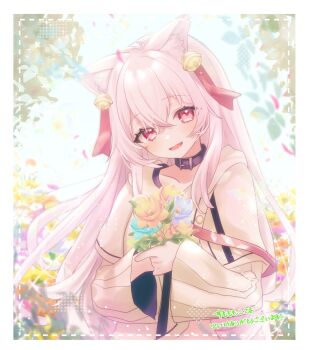 Rule 34 | 1girl, animal ears, bell, belt collar, blue flower, bright background, cat ears, cat girl, collar, commentary request, commission, flower, hair bell, hair ornament, highres, holding, holding flower, hood, hoodie, indie virtual youtuber, long hair, long sleeves, looking at viewer, mr ayarabbit, open mouth, pink eyes, pink hair, skeb commission, solo, sumomo moko (vtuber), upper body, virtual youtuber, white hoodie, yellow flower