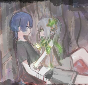 1boy 1girl against_tree anachronism arm_at_side armlet bandaged_arm bandages black_shirt black_sleeves blue_hair blunt_ends closed_mouth colored_tips detached_sleeves dress eyelashes feather_necklace feathers from_side gauze gauze_on_cheek gauze_on_face genshin_impact glowing glowing_hair gold_trim green_eyes green_hair green_sleeves grey_eyes grey_shorts hand_up holding jewelry long_hair looking_at_another multicolored_hair nahida_(genshin_impact) necklace outdoors pom_pom_(clothes) profile scaramouche_(genshin_impact) shirt short_dress short_sleeves shorts side_ponytail sidelocks sideways_mouth sitting sitting_on_person sketch somyena tareme time_paradox tree white_dress white_hair yellow_feathers