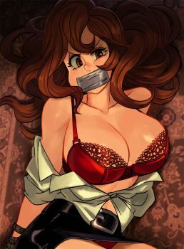 alex_ahad bdsm bondage bound bound_wrists bra breasts brown_eyes brown_hair cleavage gag highres improvised_gag large_breasts long_hair lupin_iii mine_fujiko open_clothes open_shirt red_bra rope skirt tape tape_gag underwear