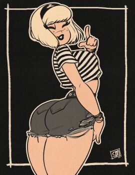 1girl absurdres black_hairband black_lips black_shirt closed_eyes hairband highres retro_artstyle sabrina_spellman sabrina_the_teenage_witch sgtmadness shirt short_hair short_shorts short_sleeves shorts solo striped_clothes striped_shirt two-tone_shirt white_hair white_shirt