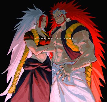 1boy 1girl azisaiharumaki56 bare_pectorals beard commentary_request facial_hair hidari_(yomi_no_tsugai) highres huge_pectorals migi_(yomi_no_tsugai) muscular muscular_arms muscular_male pectorals small_horns yomi_no_tsugai
