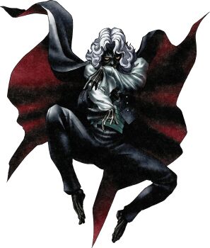 Rule 34 | 1boy, absurdres, barefoot, black cape, black eyes, black pants, cape, colored sclera, commentary, cummerbund, demon (megami tensei), devil summoner: soul hackers, devil summoner (series), english commentary, highres, kazuma kaneko, kudlak (megami tensei), official art, orange sclera, pants, red cape, solo, third-party source, transparent background, two-tone cape, vampire, vest, white hair