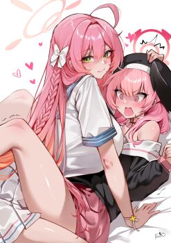 2girls @_@ ^^^ absurdres ahoge artist_name beret between_thighs black_hat black_jacket black_wings blue_archive blue_sailor_collar blush bow braid breasts closed_mouth commentary green_eyes hair_bow hair_intakes hair_over_shoulder halo hanako_(blue_archive) hand_on_another&#039;s_hat hat head_wings heart highres huge_breasts jacket koharu_(blue_archive) long_hair looking_at_viewer multiple_girls open_mouth pink_eyes pink_hair pink_halo pink_skirt pleated_skirt pumiss ribbon sailor_collar school_uniform serafuku simple_background single_bare_shoulder skirt smile thighs white_background white_bow white_ribbon white_serafuku white_skirt wings wrist_ribbon yuri