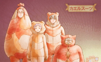 2girls 6+boys =_= animal_costume arms_at_sides asunaro_(asunar5zng) backpack bag beard blue_eyes blue_hair brown_hair chilchuck_tims commentary_request cosplay crossover dungeon_meshi dwarf eisen_(sousou_no_frieren) facial_hair facing_away frieren frog_costume glasses gradient_background grey_hair heiter helmet himmel_(sousou_no_frieren) laios_touden laios_touden_(cosplay) long_beard looking_at_viewer marcille_donato marcille_donato_(cosplay) multiple_boys multiple_girls patchwork_clothes pelt senshi_(dungeon_meshi) senshi_(dungeon_meshi)_(cosplay) smile sousou_no_frieren standing