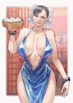 1girl absurdres alternate_breast_size_(larger) bamboo_steamer black_hair blue_dress blurry blurry_background bracelet breasts breasts_apart bun_cover capcom chun-li cirenk cocktail_dress commentary double_bun dress dumpling food hair_bun halter_dress halterneck highres holding holding_tray huge_breasts jewelry jiaozi looking_at_viewer no_bra plunging_neckline revision side_slit smile solo steamed_bun street_fighter tray
