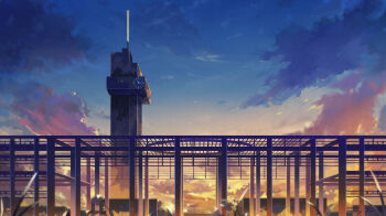 blurry building chinese_commentary clock clock_tower cloud cloudy_sky commentary_request dead_line depth_of_field grass highres light_particles no_humans original pavilion radio_antenna real_world_location scenery school sky star_(sky) starry_sky sunset tower