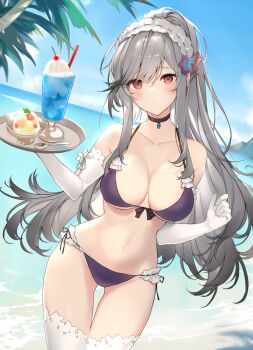 1girl azur_lane beach bikini black_choker blush breasts choker cleavage cocktail commentary_request day dunkerque_(azur_lane) dunkerque_(summer_sucre)_(azur_lane) elbow_gloves frilled_hairband frills front-tie_bikini_top front-tie_top fukuda935 gloves gradient_hair hair_between_eyes hairband hands_up hip_focus light_frown long_hair looking_at_viewer medium_breasts multicolored_hair navel ocean outdoors palm_tree purple_bikini red_eyes side-tie_bikini_bottom solo standing swimsuit thigh_gap thighhighs tree very_long_hair white_gloves