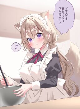 Rule 34 | 1girl, animal ear fluff, animal ears, apron, blush, bowl, breasts, brown hair, commentary request, double-parted bangs, extra ears, fio (hamico), hamico, highres, holding, holding bowl, maid, maid apron, maid headdress, medium breasts, musical note, original, purple eyes, solo, speech bubble, spoken musical note, stirring, tail, thought bubble, twintails, wolf ears, wolf girl, wolf tail
