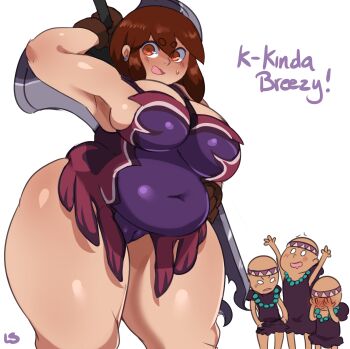 Rule 34 | 0lightsource, 1girl, 3boys, bald, bare legs, belly, blush, breasts, cattleya (queen's blade), cattleya (queen's blade) (cosplay), cosplay, ear piercing, fat, fat woman, highres, huge breasts, jewelry, multiple boys, necklace, piercing, plump, purin (lightsource), queen's blade, rana (cosplay), rana (queen's blade), sideboob, thick thighs, thighs, weapon, wide hips
