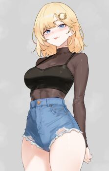 1girl :p absurdres alternate_costume black_tank_top blonde_hair blue_eyes blue_shorts bluefield breasts cleavage commentary cowboy_shot denim denim_shorts grey_background highres hololive hololive_english looking_at_viewer medium_breasts see-through_cleavage see-through_clothes short_hair shorts simple_background solo tank_top thighs tongue tongue_out virtual_youtuber watson_amelia