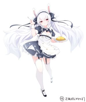 1girl :o absurdres alternate_costume animal_ears animal_print apron artist_name azur_lane baby_animal bird black_shoes blue_bow blue_dress blush bow breasts center_opening chick chick_print chinese_commentary commentary_request dress enmaided fake_animal_ears food food_request frilled_apron frilled_dress frills full_body garter_straps hair_between_eyes hair_bow hair_ornament hairband high_heels highres holding holding_plate holding_spoon juliet_sleeves laffey_(azur_lane) long_hair long_sleeves looking_at_viewer maid maid_apron maid_headdress manjuu_(azur_lane) open_mouth parted_lips plate puffy_short_sleeves puffy_sleeves rabbit_ears red_eyes shelf shoes short_sleeves simple_background skindentation small_breasts spoon standing thighhighs twintails very_long_hair waist_apron white_apron white_background white_hair white_thighhighs wrist_cuffs z-wumi zettai_ryouiki