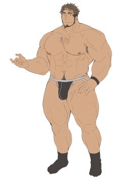 1boy abs absurdres armpit_hair armpit_hair_peek bara beard black_male_underwear brown_hair bulge dark-skinned_male dark_skin facial_hair hand_up highres introduction jockstrap large_pectorals leg_hair leoandaslan_(leobongnana) light_brown_hair looking_at_viewer male_focus male_underwear mature_male muscular muscular_male navel navel_hair nipples original paid_reward_available pectorals short_hair smile solo sparse_chest_hair standing stomach straight_hair sylvan_(leoandaslan) thick_eyebrows thick_thighs thighs topless_male underwear