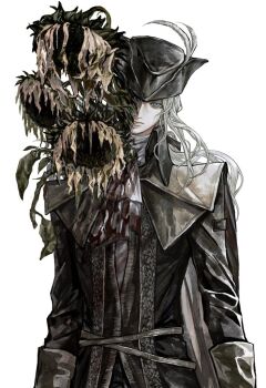 1girl ascot black_coat black_hat blood blood_on_clothes bloodborne blue_eyes bonley closed_mouth coat commentary_request flower hat hat_feather lady_maria_of_the_astral_clocktower long_hair looking_at_viewer simple_background solo standing sunflower tricorne white_ascot white_background white_hair wilted_flower