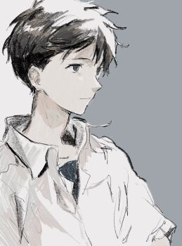 1boy blue_eyes brown_hair closed_mouth collared_shirt grey_background highres ikari_shinji male_focus neon_genesis_evangelion school_uniform shirt short_hair simple_background solo takuanoisi tokyo-3_middle_school_uniform upper_body white_shirt