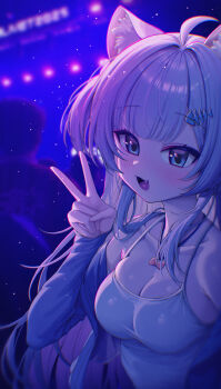 1girl :d absurdres ahoge animal_ear_fluff animal_ears bare_shoulders blue_eyes blue_jacket blush breasts camisole cat_ears cleavage collarbone fang hair_ornament hairclip highres indie_virtual_youtuber jacket jewelry long_hair long_sleeves looking_at_viewer medium_breasts metaljelly nachu_(vtuber) necklace night off_shoulder open_clothes open_jacket open_mouth shirt smile upper_body v virtual_youtuber white_hair