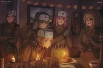 1boy 4girls absurdres belt birthday birthday_cake black_hair blonde_hair blowing blowing_candle blue_eyes bolt_action bottle brown_belt brown_coat cake candle candlelight clapping closed_mouth coat collar_tabs commentary cross crossed_arms cup english_commentary food gloves green_eyes green_hair green_jacket grey_gloves gun hair_between_eyes hand_on_another's_shoulder hat highres indoors jacket kepincox long_sleeves military military_jacket military_uniform mosin-nagant multiple_girls open_clothes open_coat open_mouth original picture_frame pink_eyes pink_hair plate ppsh-41 purple_eyes red_cross red_cross_armband red_star rifle scar scar_on_face shoulder_boards sidelocks smile soviet_army star_(symbol) submachine_gun ushanka weapon white_hat world_war_ii