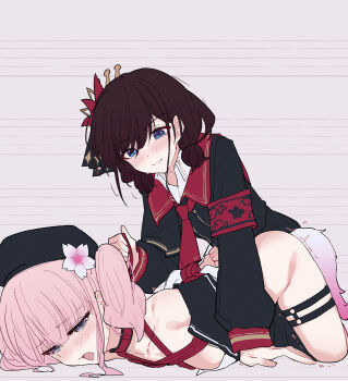 2girls arms_behind_back black_hat black_shirt blue_eyes breasts brown_hair chinese_commentary collar commentary_request cosplay fake_tail girls_band_cry grey_background hat highres hina_(girls_band_cry) iseri_nina low_twintails mahou_shoujo_no_majo_saiban medium_breasts multiple_girls necktie nikaido_hiro nikaido_hiro_(cosplay) open_mouth red_collar red_necktie restrained sakuraba_ema sakuraba_ema_(cosplay) shibari shirt short_twintails tail thigh_strap trembling twintails yun_cao_bing yuri