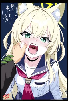 1boy 1girl absurdres animal_ear_fluff animal_ears arm_at_side black_border black_choker blonde_hair blue_archive blue_background blue_sailor_collar blush border cheek_pinching choker collarbone commentary english_commentary fangs fox_ears fox_girl gloves green_eyes green_gloves hair_between_eyes halo hand_up highres kurumi_(blue_archive) long_hair long_sleeves looking_at_viewer melissa_v2 neckerchief open_mouth pinching pov pov_hands red_neckerchief sailor_collar school_uniform sensei_(blue_archive) serafuku shirt sidelocks signature simple_background solo_focus speech_bubble straight-on teeth tongue two_side_up upper_body v-shaped_eyebrows very_long_hair white_shirt yellow_halo