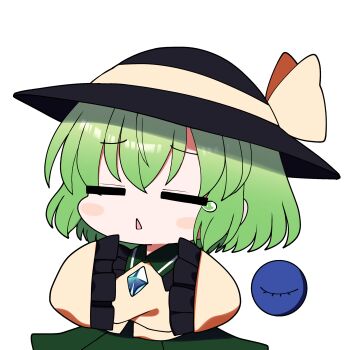 1girl absurdres black_hat blinking bright_pupils chibi closed_eyes closed_mouth commentary_request frilled_sleeves frills green_eyes green_hair green_skirt hair_between_eyes hat hat_ribbon highres komeiji_koishi long_sleeves looking_ahead medium_hair no_nose puffy_long_sleeves puffy_sleeves ribbon shirt simple_background skirt solo tearing_up third_eye touhou transparent_background triangle_mouth upper_body white_pupils yellow_shirt you_(noanoamoemoe)