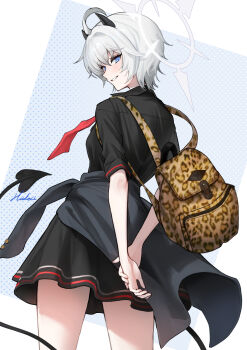 1girl absurdres animal_print back backpack bag beruko14 black_jacket black_shirt black_skirt blue_archive blue_eyes clothes_around_waist collared_shirt commentary demon_girl demon_horns erika_(blue_archive) full_body gyaru halo highres horns jacket jacket_around_waist leopard_print looking_at_viewer looking_back necktie red_necktie school_uniform shirt short_hair signature skirt smile white_hair white_halo