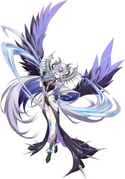 1girl absurdly_long_hair absurdres ankle_flower aura bare_shoulders big_hair black_gloves black_leotard black_shoes black_wings blue_flower blue_gem blue_hair blue_petals blue_rose brambles breasts center_opening cleavage closed_mouth crescent crescent_hair_ornament crescent_moon crossed_legs curtained_hair elf energy enya_(langrisser) falling_petals feathered_wings floating_hair flower full_body game_cg gem gloves green_eyes grey_hair hair_ornament hand_on_own_hip hand_up head_tilt headpiece highleg highleg_leotard highres jewelry langrisser langrisser_mobile large_breasts legs leotard light_frown long_bangs long_hair long_pointy_ears looking_at_viewer magic moon multicolored_hair no_bra official_alternate_costume official_art parted_bangs petals plant pointy_ears revealing_clothes rose rose_petals second-party_source serious shoes short_eyebrows sideboob sideless_leotard sideless_outfit simple_background sleeveless solo spread_wings standing tachi-e tassel tassel_hair_ornament taut_leotard thorns train_(clothing) transformation transparent_background very_long_hair vines wings wrist_flower