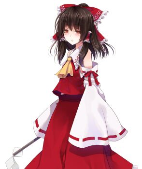Rule 34 | 1girl, ascot, bare shoulders, blush, bow, brown hair, collared shirt, commentary request, cowboy shot, crote, detached sleeves, frilled hair tubes, frilled shirt collar, frills, gohei, hair bow, hair ornament, hair ribbon, hair tubes, hakurei reimu, half-closed eyes, highres, japanese clothes, large variant set, long skirt, long sleeves, looking at viewer, nontraditional miko, orange eyes, parted lips, red bow, red shirt, red skirt, ribbon, ribbon-trimmed sleeves, ribbon trim, shirt, short hair, skirt, skirt set, sleeve ribbon, sleeveless, sleeveless shirt, sleeves past fingers, sleeves past wrists, socks, solo, standing, tachi-e, touhou, transparent background, variant set, wide sleeves, yellow ascot