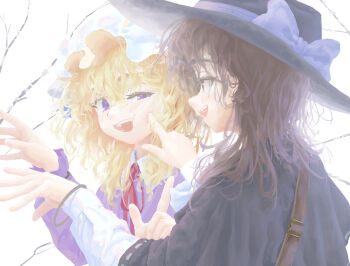 2girls bag bare_tree black_capelet black_hat blonde_hair blush bow bracelet brown_eyes brown_hair capelet cheek_poking collared_dress commentary_request contrast_collar dress fingernails hat hat_bow highres jewelry long_sleeves maribel_hearn medium_hair mob_cap multiple_girls neck_ribbon pointing poking purple_dress purple_eyes red_ribbon ribbon ribbon-trimmed_capelet ribbon_trim shirt shoulder_bag smile touhou tree usami_renko white_hat white_shirt yunickckck yuri