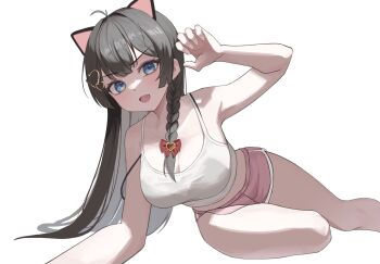 1girl animal_ears arm_up black_bra black_hair blue_eyes bra bra_visible_through_clothes braid breasts camisole cat_ears claw_pose commentary_request crop_top fang foot_out_of_frame hair_ornament heart heart_hair_ornament highres ishi_bap_burger korean_commentary large_breasts long_hair looking_at_viewer open_mouth pink_shoes shirayuki_hina shoes short_shorts shorts simple_background solo stellive straight_hair strap_slip underwear v-shaped_eyebrows virtual_youtuber white_background white_camisole