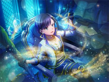 Rule 34 | 1girl, armchair, black hair, blue eyes, blue gloves, blue pantyhose, blue skirt, book, chair, crop top, crossed legs, earrings, game cg, gloves, hair bun, holding, jacket, jewelry, long sleeves, midriff, multiple necklaces, navel, necklace, official art, on chair, open book, open clothes, open jacket, open mouth, pantyhose, paper, shoujo kageki revue starlight, shoujo kageki revue starlight -re live-, sitting, skirt, solo, upper body, white jacket, yanagi koharu