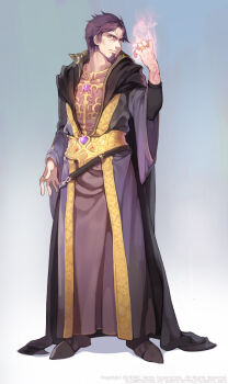 1boy artist_name belt black_belt black_cape black_shoes black_sleeves blue_background caesty cape cloak closed_mouth collarbone commentary_request company_name copyright_notice curtained_hair dated_commentary english_text facial_hair frown full_body gem goatee gold_belt gold_necklace gold_ring gradient_background green_eyes hand_tattoo highres jewelry korean_commentary legs_apart long_sleeves looking_at_viewer maderas_(tales_weaver) male_focus necklace nexon nose official_art parted_bangs production_art purple_cloak purple_facial_hair purple_gemstone purple_hair purple_robe purple_sleeves red_gemstone ring robe shadow shoes short_hair simple_background standing tales_weaver tattoo watermark web_address white_background wide_sleeves wrist_tattoo