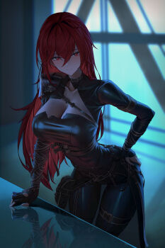 1girl absurdres ai_limit arm_support armor backlighting belt belt_collar belt_pouch black_bodysuit blush bodysuit breasts brown_belt cleavage closed_mouth collar collarbone commentary_request fingerless_gloves gloves hair_between_eyes hand_on_own_hip highres indoors large_breasts leaning_forward long_hair looking_at_viewer partial_commentary pouch red_eyes red_hair reflective_surface ruo_zhishi_chu_jian shoulder_armor smile solo standing thigh_belt thigh_strap thighs torn_bodysuit torn_clothes ursula_(ai_limit) very_long_hair