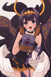 Rule 34 | 1girl, absurdres, animal ears, ao-chan (ninomae ina&#039;nis), bare shoulders, black collar, black dress, black gloves, black hair, blue eyes, blunt bangs, blush, book, center-flap bangs, collar, commentary, contrapposto, cowboy shot, cutout above navel, detached sleeves, dress, fang, feathered wings, flat chest, fur-trimmed collar, fur trim, gloves, gradient hair, halo, headpiece, highres, holding, holding book, hololive, hololive english, long hair, looking at viewer, low wings, mole, mole under eye, multicolored hair, ninomae ina&#039;nis, ninomae ina&#039;nis (1st costume), open mouth, orange hair, pointy ears, short dress, sidelocks, single bare arm, single detached sleeve, solo, straight hair, strapless, strapless dress, tentacle hair, tentacles, tube dress, very long hair, virtual youtuber, white wings, wide hips, wings, yanagi arisa