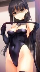 Rule 34 | 1girl, alternate costume, armpit crease, bare shoulders, black gloves, black hair, black leotard, breasts, cafe stella to shinigami no chou, cleavage, commentary, covered navel, cowboy shot, curvy, d:, disgust, dominatrix, earrings, elbow gloves, empty eyes, eyelashes, eyes visible through hair, gloves, groin, hair behind ear, hair between eyes, half updo, hands up, highleg, highleg leotard, highres, holding, holding whip, indoors, irori (irorixc), jewelry, leotard, long hair, looking at viewer, medium breasts, mole, mole under eye, open mouth, raised eyebrows, shaded face, shiki natsume, skindentation, solo, straight hair, stud earrings, tsurime, very long hair, w arms, yellow eyes