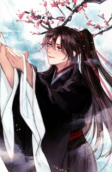 Rule 34 | 1boy, ahoge, aki uzuzame, bishounen, black hair, black hanfu, branch, breath, chinese clothes, closed mouth, commentary request, flower, grey eyes, hair ribbon, hands up, hanfu, highres, holding, holding ribbon, implied yaoi, long hair, long sleeves, looking up, male focus, modao zushi, plum blossoms, ponytail, red flower, red ribbon, red sash, ribbon, robe, sash, sidelocks, smile, smoke, snow, snowing, standing, twitter username, very long hair, watermark, wei wuxian, white ribbon, wide sleeves, winter