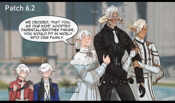 2girls 3boys :o absolem0 adoption alisaie_leveilleur alphinaud_leveilleur ameliance_leveilleur artist_name au_ra dark-skinned_male dark_skin elezen elf father_and_daughter father_and_son final_fantasy final_fantasy_xiv fourchenault_leveilleur highres husband_and_wife hyur mother_and_daughter mother_and_son multiple_boys multiple_girls pointy_ears scarf siblings twins warrior_of_light_(ff14) white_hair