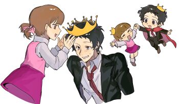 1boy 1girl adachi_tooru black_hair black_pants brown_hair cape chengmingraven commentary crown dated_commentary doujima_nanako grin highres holding_hands low_twintails messy_hair multiple_views necktie open_mouth pants persona persona_4 pink_ribbon pink_vest purple_skirt red_cape red_necktie ribbon shirt short_hair short_twintails simple_background skirt smile twintails vest white_background white_shirt